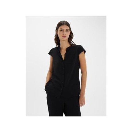 Camisa de mujer fluida con cuello mao descontado y manga corta paz torras +colores