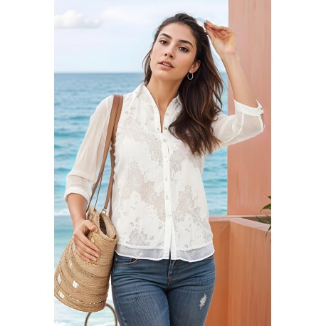 BLUSA BLONDA CON ENCAJE CRUDOO MUJER ROSSAN