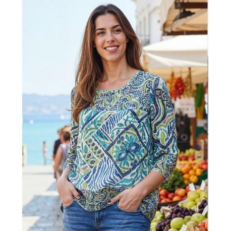 CAMISA ESTAMPADA CON VOLANTES MUJER ROSSAN