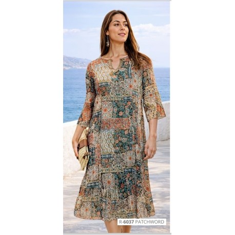 VESTIDO ESTAMPADO CUELLO PASAMANERIA MUJER ROSSAN