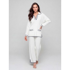 PANTALON FLUIDO CRUDO CON VIVOS EN AZUL MARINO DE PUNTO MUJER 