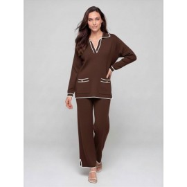 PANTALON FLUIDO MARRON  CON VIVOS EN BLANCO DE PUNTO MUJER 