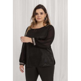 BLUSA NEGRA PUÑO BRILLANTE MUJER SPG-JENUAN TALLAS GRANDES