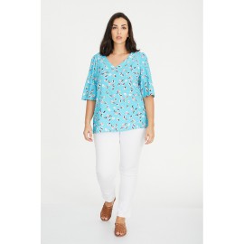 BLUSA ESCOTE PICO ESTAMPADA TURQUESAMUJER SPG-JENUAN TALLAS GRANDES