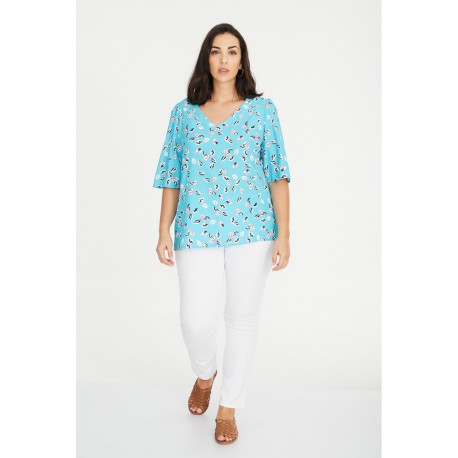 BLUSA ESCOTE PICO ESTAMPADA TURQUESAMUJER SPG-JENUAN TALLAS GRANDES