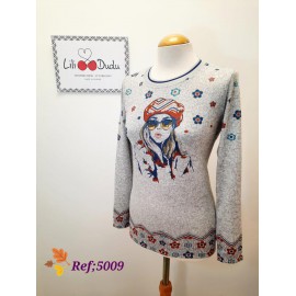 CAMISETA PUNTO GRIS CON CARA LILI DUDU
