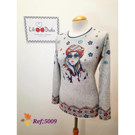 CAMISETA PUNTO GRIS CON CARA LILI DUDU